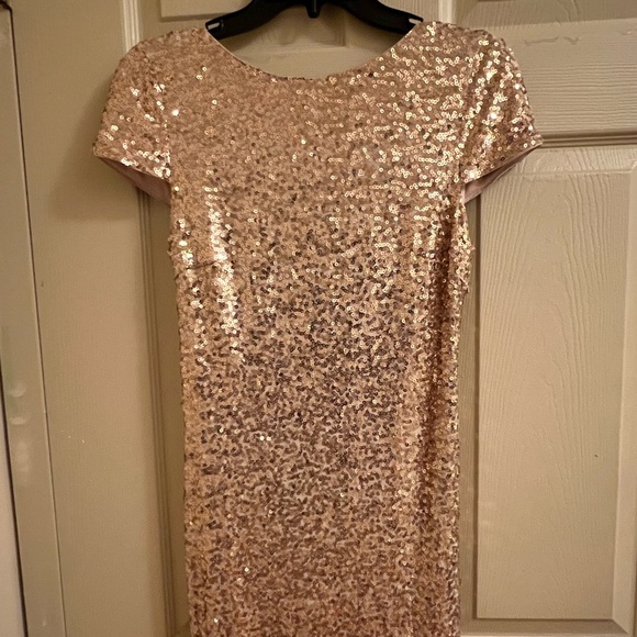 Badgley Mischka,Sequin Cowl Back Gown, rose gold, short sleeves, concealed zip. - Picture 14 of 15